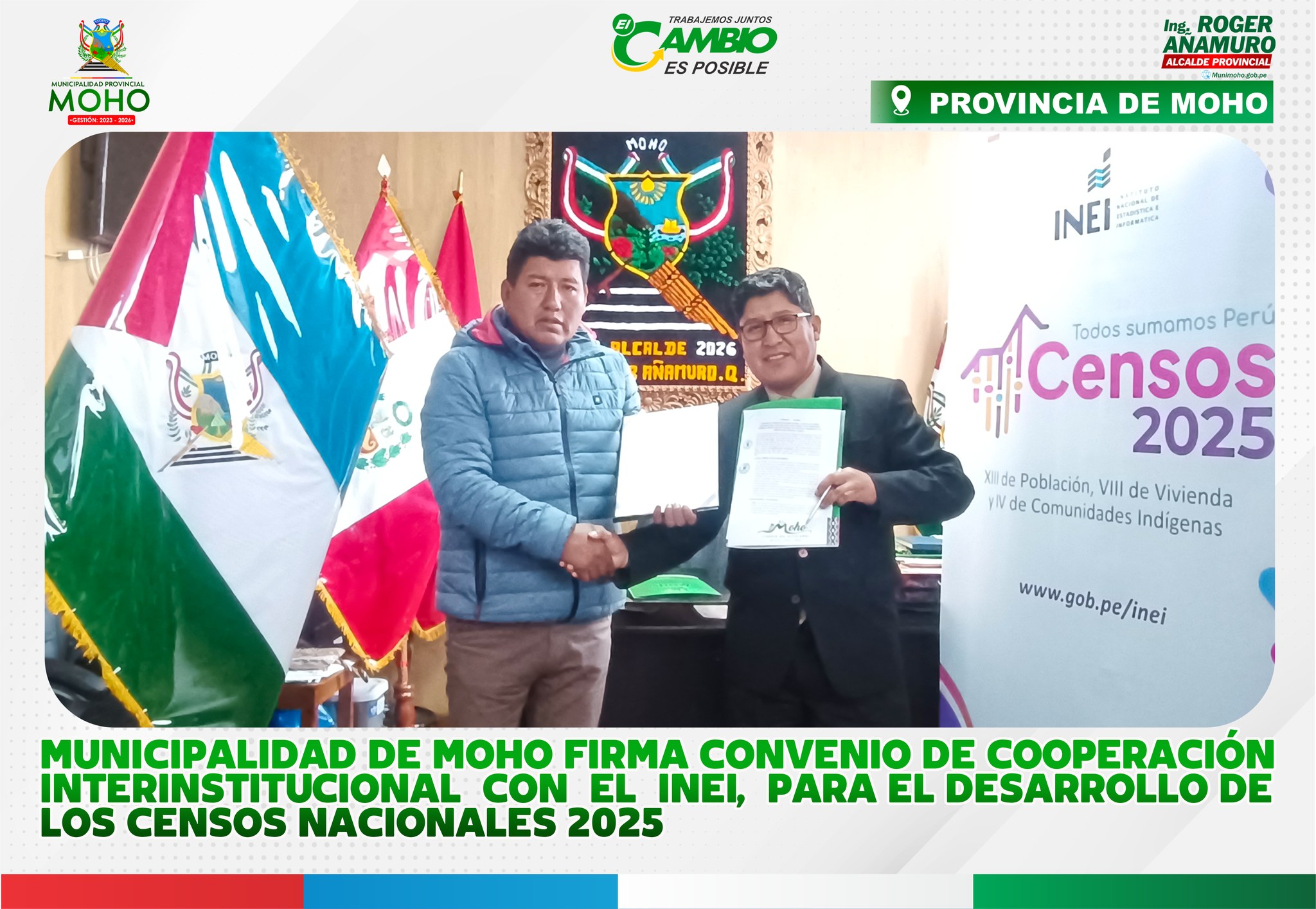 El alcalde de Moho firmó un convenio con el INEI para apoyar activamente la ejecución de los Censos Nacionales 2025, considerados de interés y prioridad nacional por su importancia para el desarrollo.