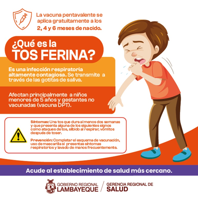 Prevención y Control de la Tos Ferina, enfermedad bacteriana que afecta a las vías respiratorias sobre todo en los más vulnerables como: Lactantes, adulto mayor o personas que presentan comorbilidades como diabetes, problemas renales, tuberculosis, pacientes oncológicos y otros.