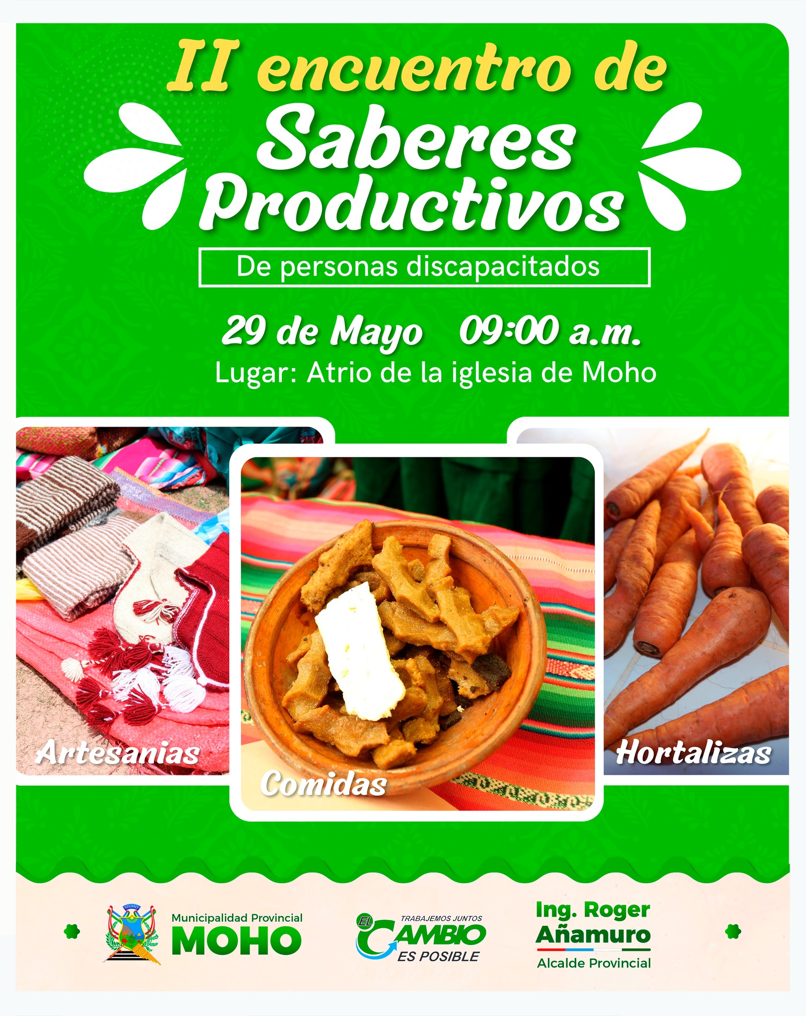 La Oficina Municipal de Atención a las Personas con Discapacidad (OMAPED) de la Municipalidad Provincial de Moho organiza el "II Encuentro de Saberes Productivos de Personas con Discapacidad", una actividad que busca visibilizar, reconocer y valorar los conocimientos, habilidades y experiencias productivas de las personas con discapacidad en el ámbito local.
Este evento incluirá concursos en las categorías de artesanía, gastronomía, textilería, hortalizas y otros productos del campo, promoviendo la inclusión social, el emprendimiento y la participación activa de este grupo poblacional.