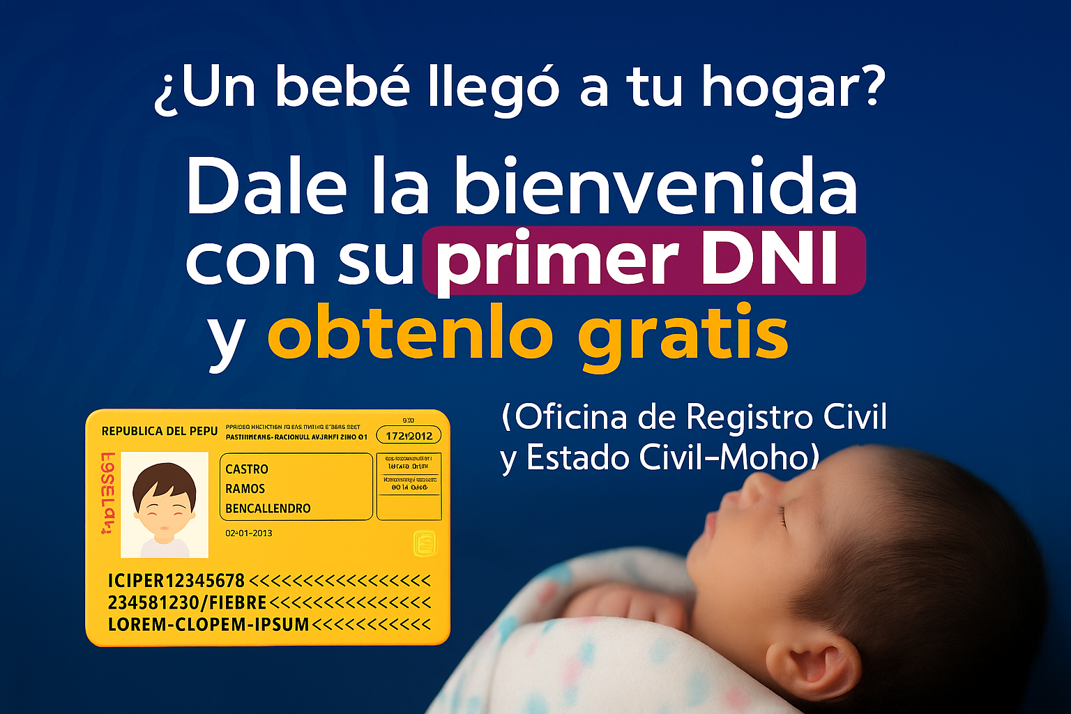 Trámite gratuito del primer DNI para niños de 0 a 1 año, promovido por la Municipalidad de Moho en coordinación con RENIEC.