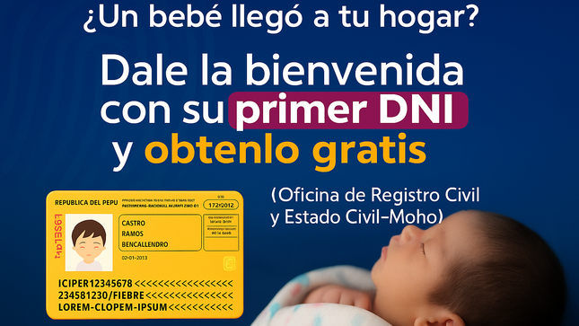 Trámite gratuito del primer DNI para niños de 0 a 1 año, promovido por la Municipalidad de Moho en coordinación con RENIEC.