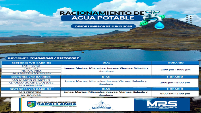 Racionamiento de Agua Potable / Sectores y Horario – desde el 09 de junio