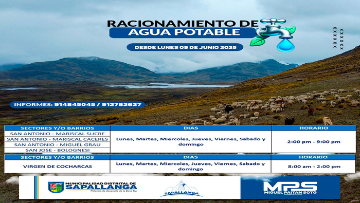 Racionamiento de Agua Potable / Sectores y Horario – desde el 09 de junio