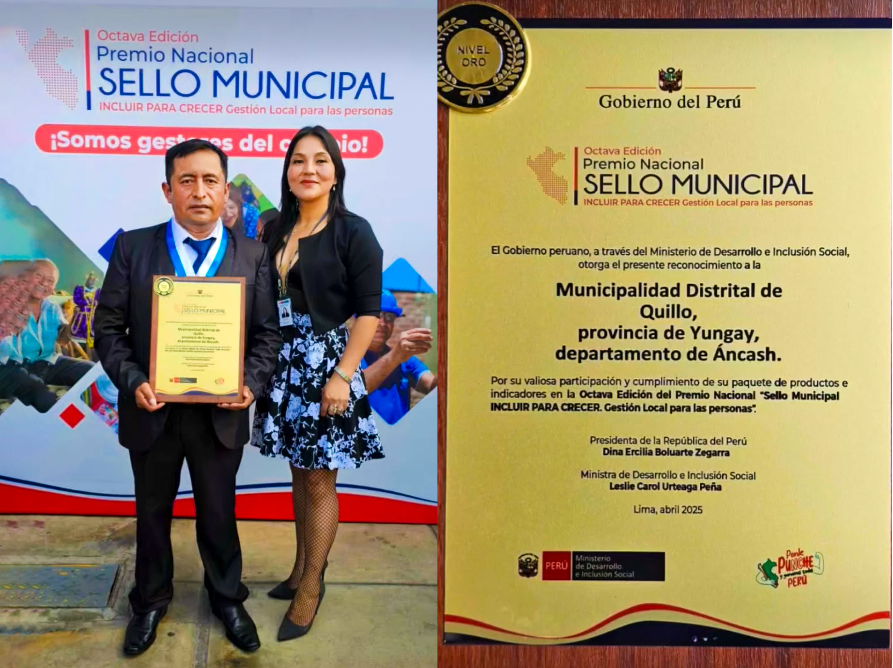 Alcalde mostrando el premio junto a la coordinadora regional del MIDIS รncash