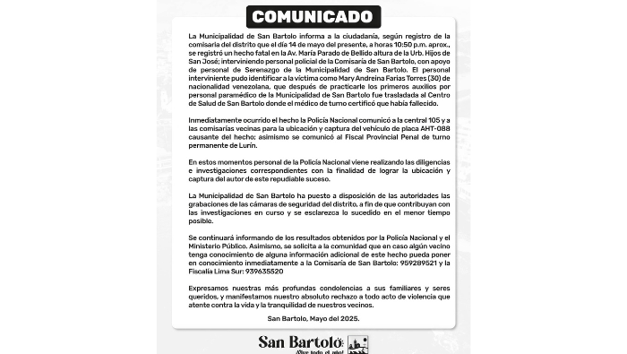 Comunicado oficial por hecho ocurrido en la Av. María Parado de Bellido