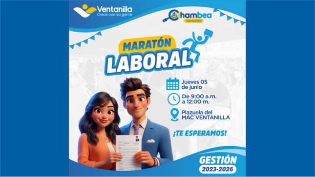 📢 ¡Oportunidad laboral en Ventanilla! Este jueves 05 de junio acércate a la Plazuela del MAC desde las 9:00 a.m. con tu DNI y CV. ¡Ventanilla crece con su gente! 💼
