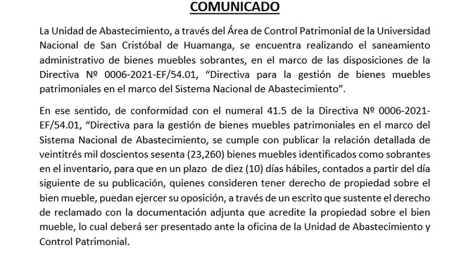 Se cumple con publicar la relación detallada de (23,260) bienes muebles identificados como sobrantes en el inventario.
