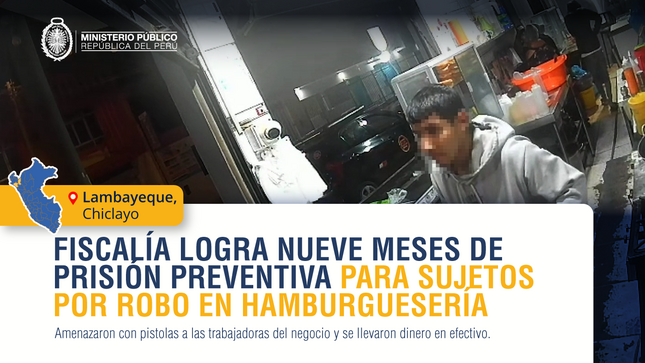 Fiscalía logra nueve meses de prisión preventiva para sujetos por robo a mano armada a una hamburguesería en Chiclayo.