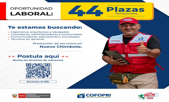 Buscan contratación de 44 profesionales y técnicos en especialidades de ingeniería, derecho, comunicación, educación, entre otras.