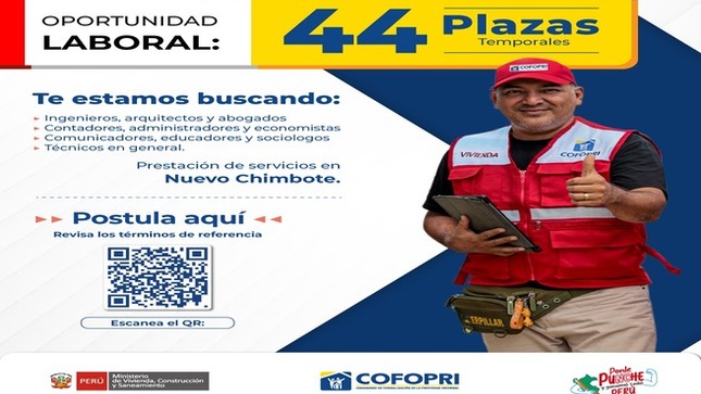 Buscan contratación de 44 profesionales y técnicos en especialidades de ingeniería, derecho, comunicación, educación, entre otras.