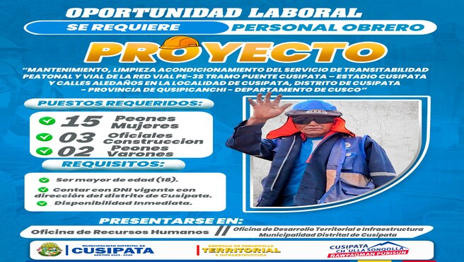 Oportunidad Laboral !Cusipata avanza con igualdad y oportunidades para todos!