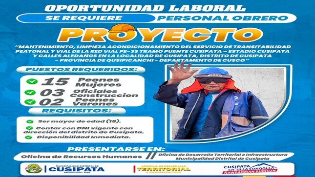 Oportunidad Laboral !Cusipata avanza con igualdad y oportunidades para todos!