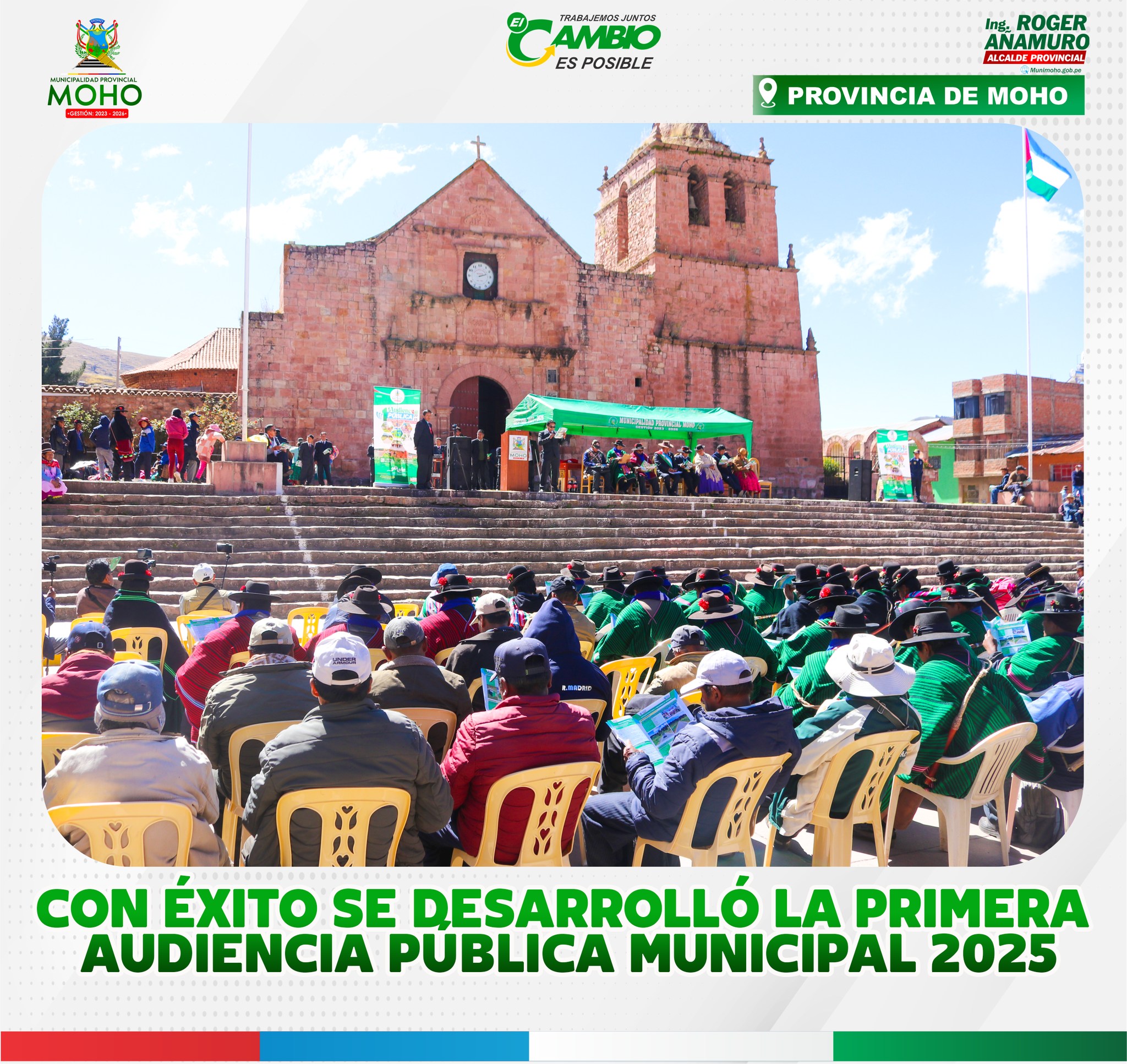 La Municipalidad Provincial de Moho realizó su I Audiencia Pública Municipal 2025 para rendir cuentas de su gestión, presentar logros y avances en diversos sectores, y responder inquietudes de la ciudadanía, promoviendo la transparencia y participación ciudadana.
