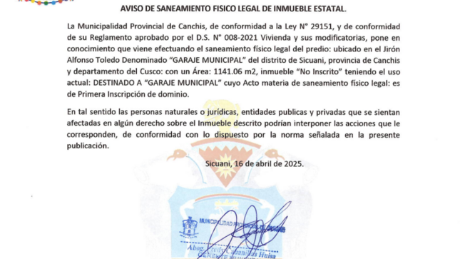 Aviso de Saneamiento Físico Legal de Inmueble Estatal