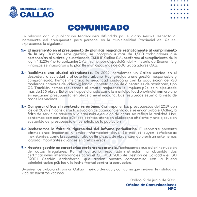 Comunicado municipalidad Provincial del Callao por información difundida en diario Perú 21