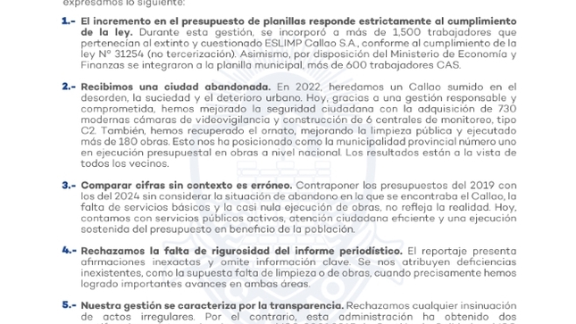 Comunicado municipalidad Provincial del Callao por información difundida en diario Perú 21