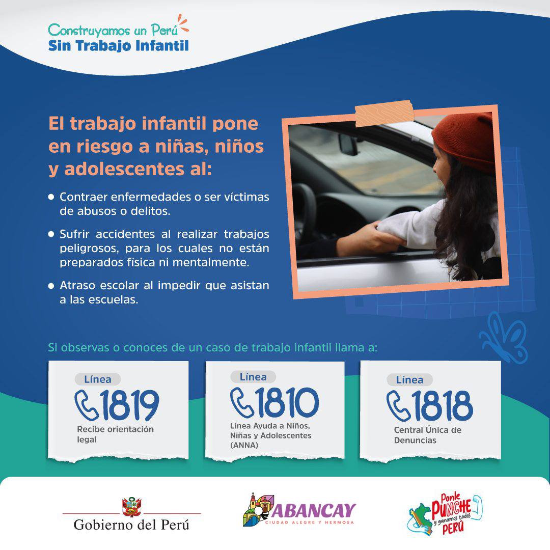 Además, puedes recibir orientación en la #Línea1810 del @MimpPeru y comunicarte al 📞 1818 del @MininterPeru.
#PerúSinTrabajoInfantil