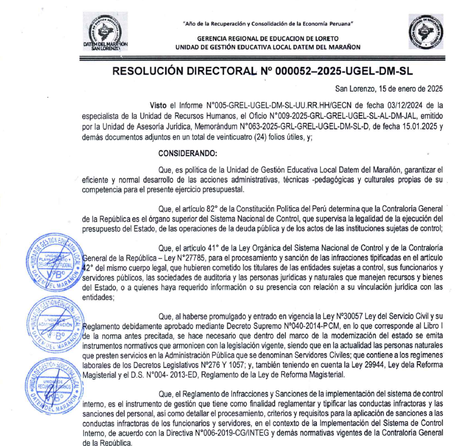 Imagen en formato PNG de la Resolución Directoral N.° 000052-2025-UGEL-DM-SL, que aprueba el Reglamento de Infracciones y Sanciones del Sistema de Control.