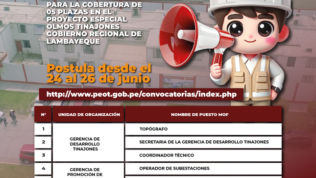 👉 Postula aquí: http://www.peot.gob.pe/convocatorias/index.php