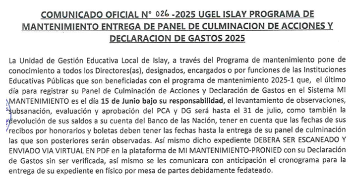 Comunicado Oficial Nº 026-2025-UGEL Islay