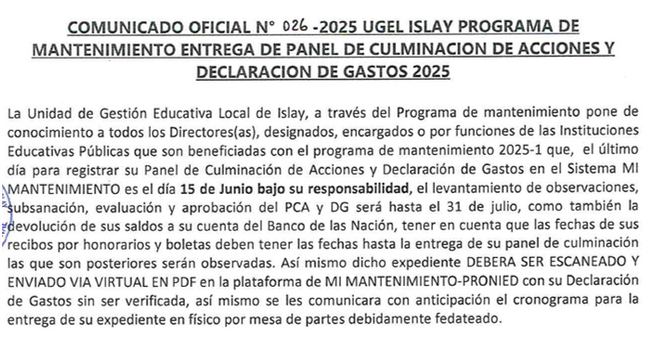 Comunicado Oficial Nº 026-2025-UGEL Islay