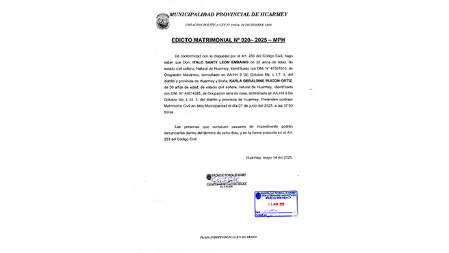 Edicto Matrimonial N° 020-2025-MPH