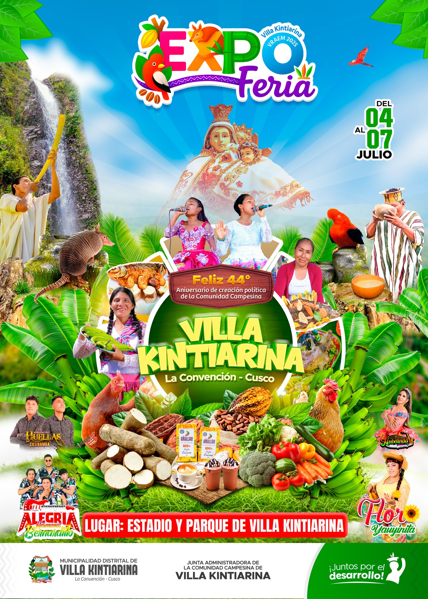 Del 4 al 7 de julio, ven a vivir la tradición, cultura y alegría en el 44° aniversario de la Comunidad Campesina de Villa Kintiarina 🏞️🌾.