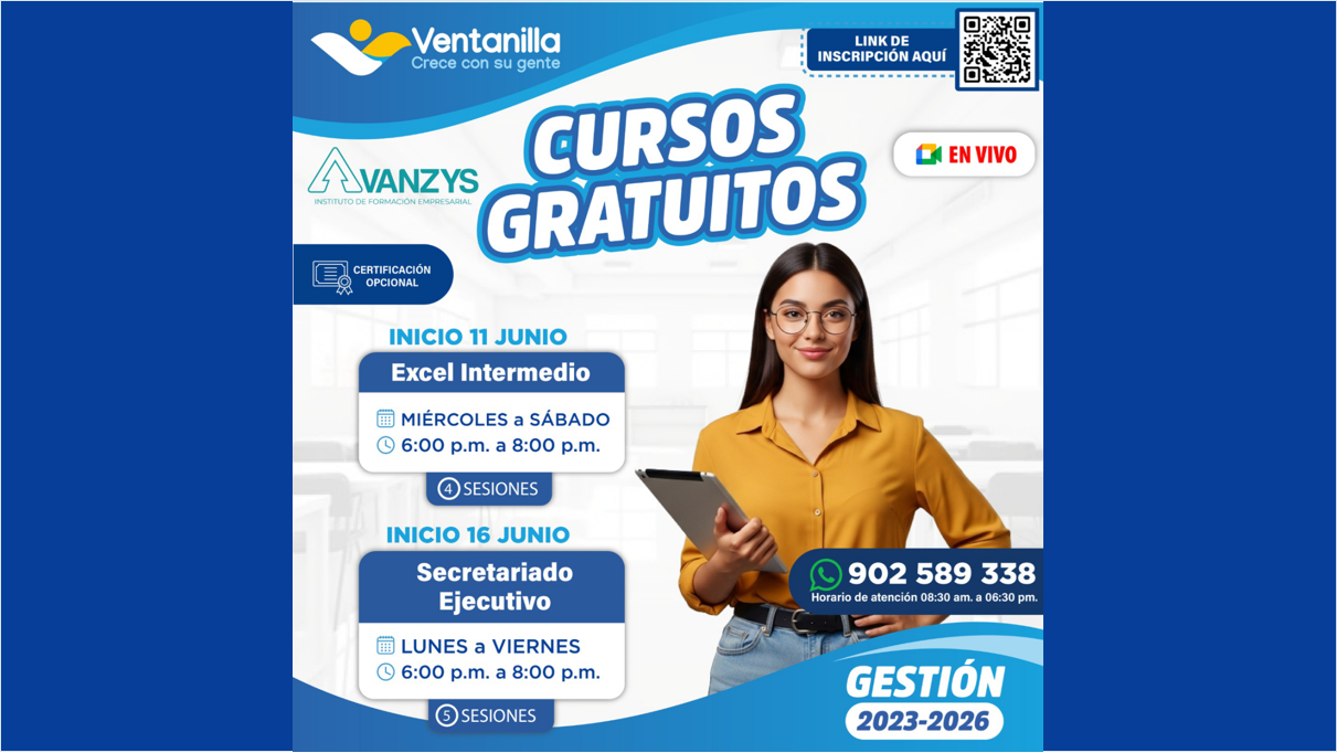 💼📚 ¡Capacítate gratis desde casa! En alianza con Avanzys, accede a cursos virtuales de Excel Intermedio y Secretariado Ejecutivo con certificación. 📞 902 589 338
