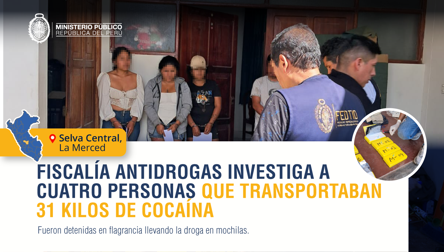 Fiscalía Antidrogas investiga a cuatro personas que transportaban 31 kilos de cocaína en mochilas.
