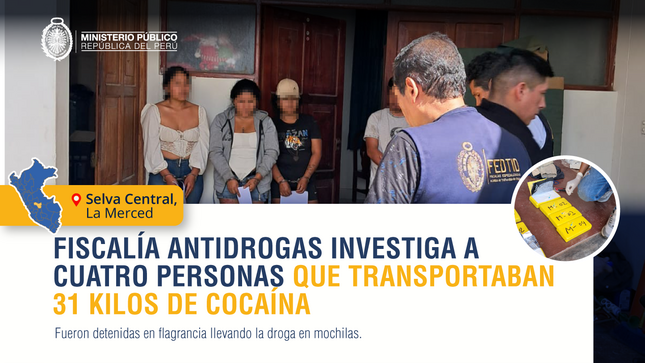 Fiscalía Antidrogas investiga a cuatro personas que transportaban 31 kilos de cocaína en mochilas.