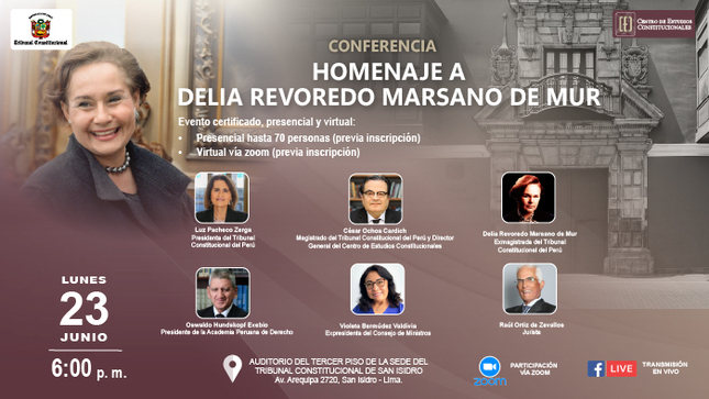 Tribunal Constitucional realizará conferencia en homenaje a Delia Revoredo Marsano de Mur el lunes 23 de junio