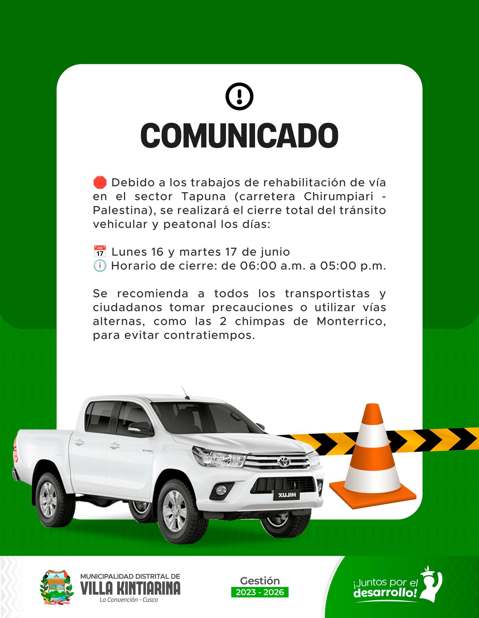 π Debido a los trabajos de rehabilitaciΓ³n de vΓa en el sector Tapuna (carretera Chirumpiari - Palestina), se realizarΓ‘ el cierre total del trΓ‘nsito vehicular y peatonal los dΓas:
π
Lunes 16 y martes