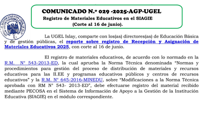 Comunicado Nº 029-2025-AGP-UGEL