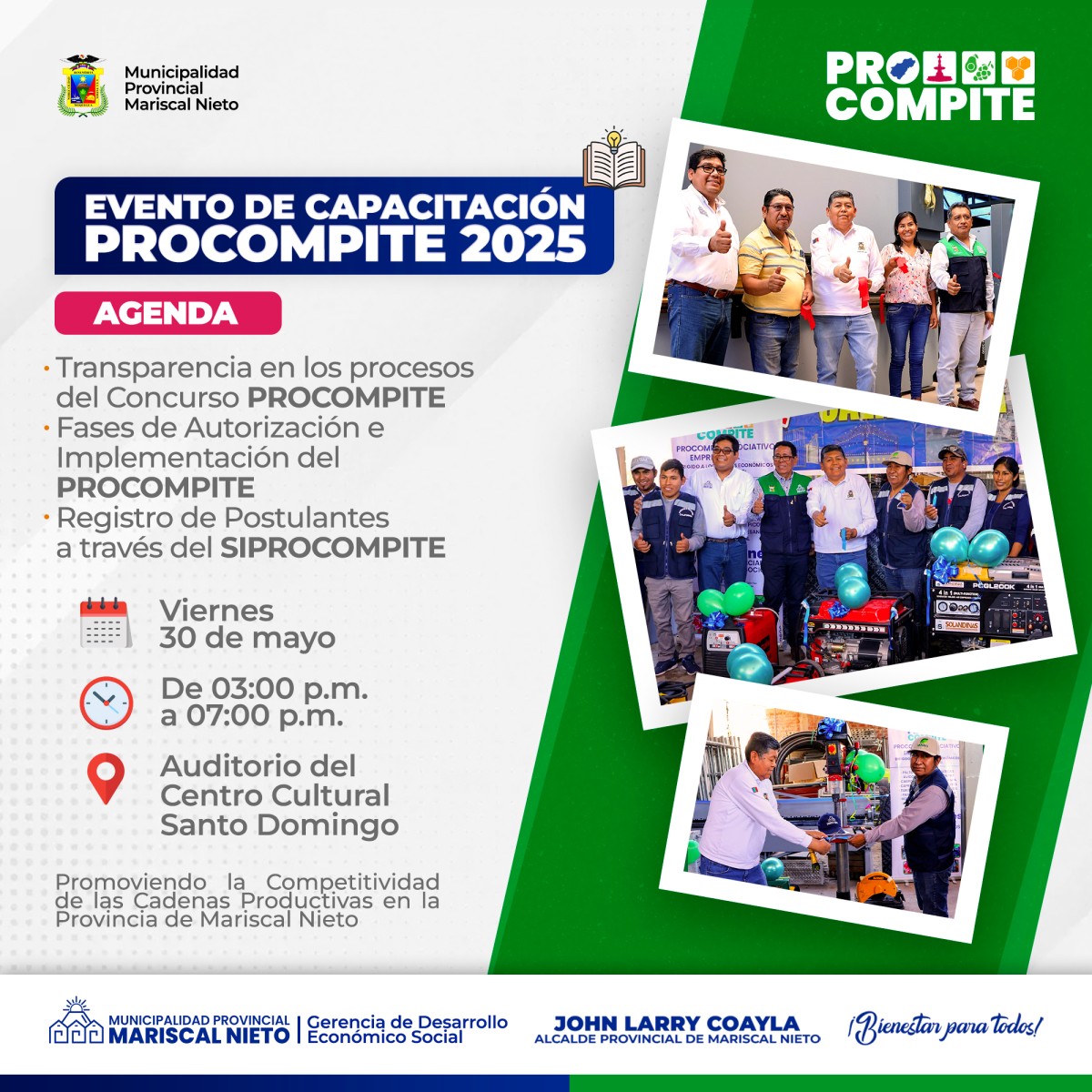 La Municipalidad Provincial de Mariscal Nieto, a través de la Gerencia de Desarrollo Económico Social, viene organizando el Evento de Capacitación PROCOMPITE 2025, dirigido a productores, emprendedores, asociaciones y ciudadanía interesada en participar del concurso PROCOMPITE.