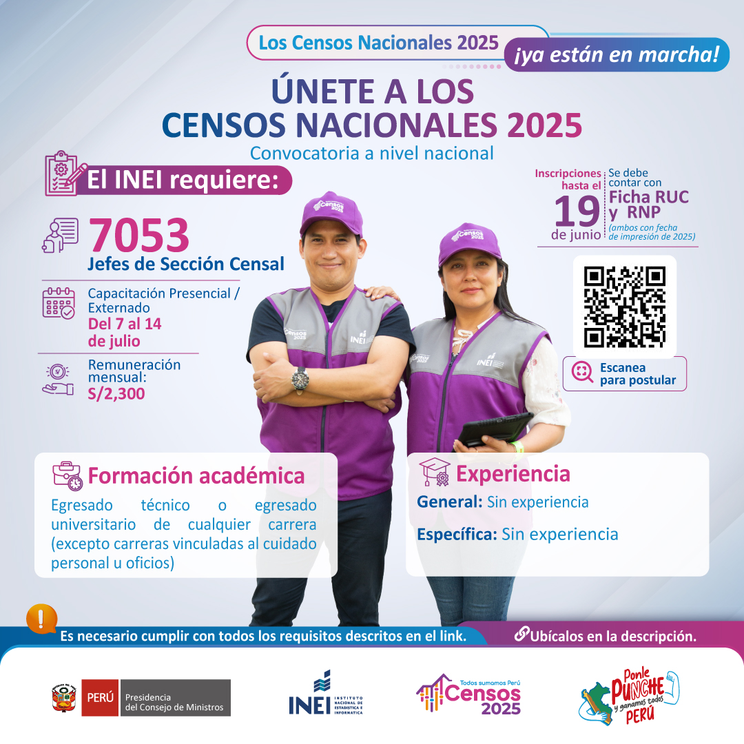  El Instituto Nacional de Estadística e Informática (INEI), en coordinación con la Municipalidad Distrital de Tabaconas, comunica a la ciudadanía en general que se ha aperturado el proceso de inscripción para participar en la convocatoria a nivel nacional de los Censos Nacionales 2025. 