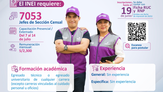  El Instituto Nacional de Estadística e Informática (INEI), en coordinación con la Municipalidad Distrital de Tabaconas, comunica a la ciudadanía en general que se ha aperturado el proceso de inscripción para participar en la convocatoria a nivel nacional de los Censos Nacionales 2025. 