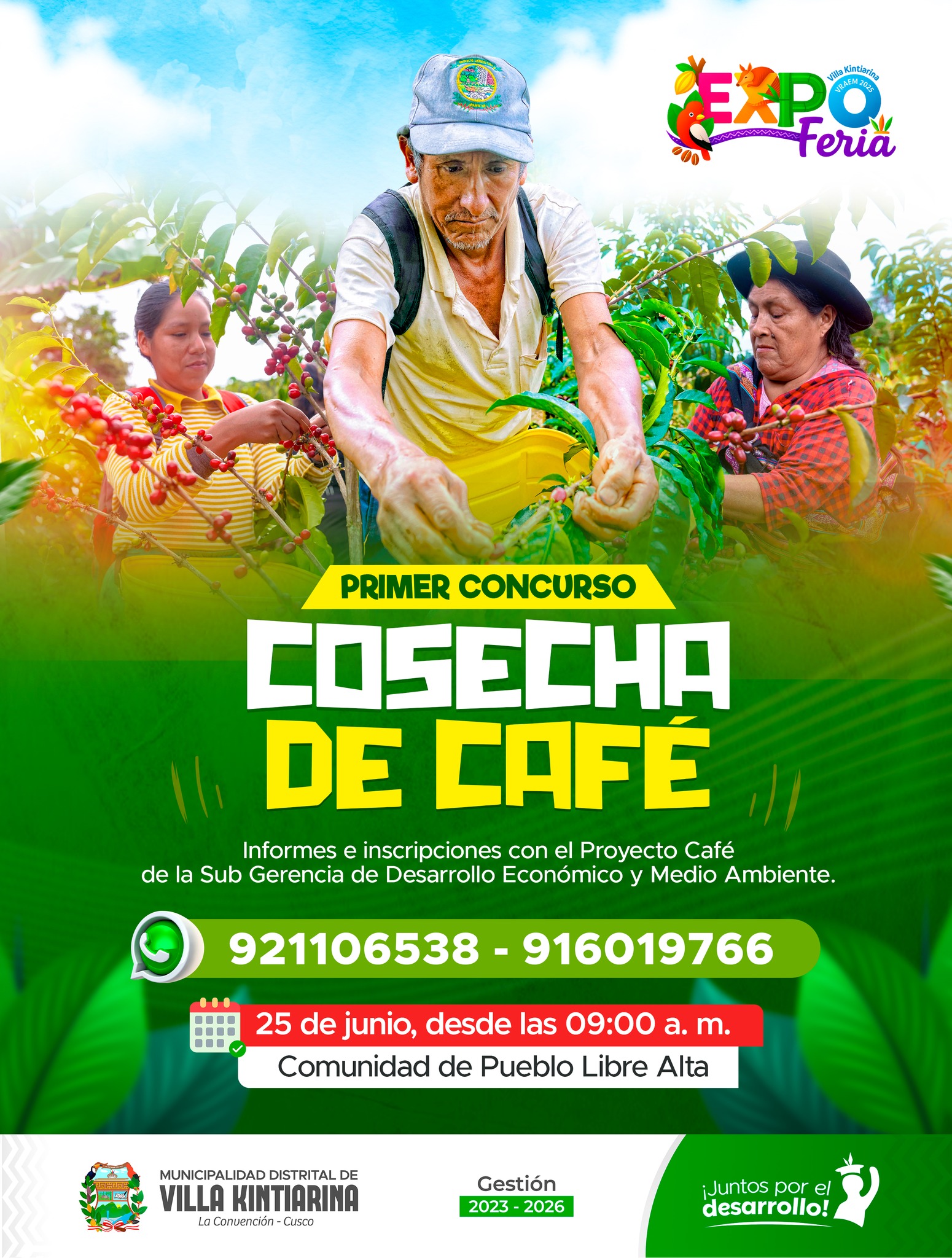 Como parte de las actividades por el 44° aniversario de la Comunidad Campesina de Villa Kintiarina y la Expoferia VRAEM 2025, la Municipalidad Distrital de Villa Kintiarina, mediante el Proyecto Café de la Sub Gerencia de Desarrollo Económico - Medio Ambiente, convoca al Primer Concurso de Cosecha de Café.