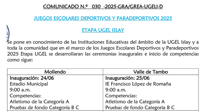 Comunicado Nº 030-2025-GRA/GREA-UGELI-D