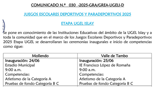 Comunicado Nº 030-2025-GRA/GREA-UGELI-D