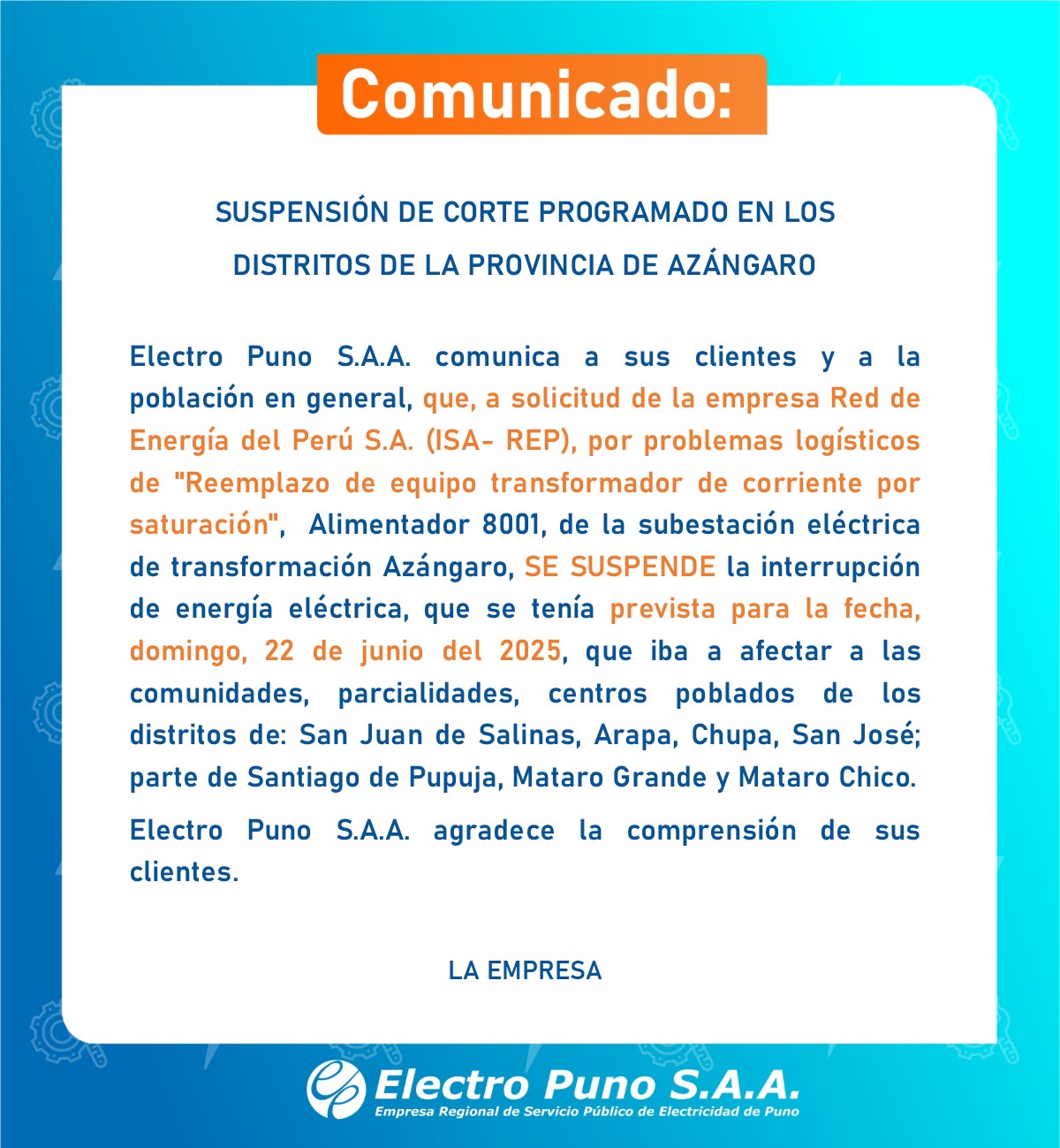 Comunicado Suspensión de Corte Programado en los distritos de la provincia de Azángaro 19/06/2025