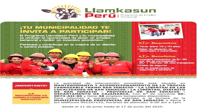 MPSI y Llankasun Peru te ofrece puestos laborales temporales en la actividad San Ignacio caserío la Libertad