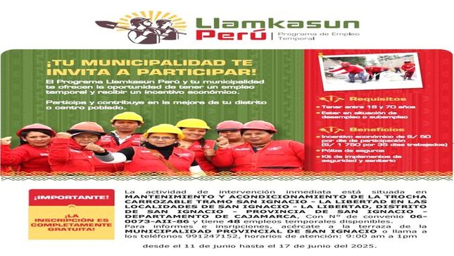 MPSI y Llankasun Peru te ofrece puestos laborales temporales en la actividad San Ignacio  caserío la Libertad 
