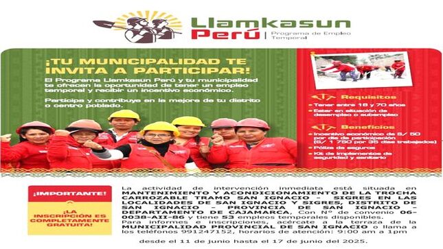MPSI Y Llamkasun Peru te ofrece puestos laborales temporales en la actividad San Ignacio - sigres 