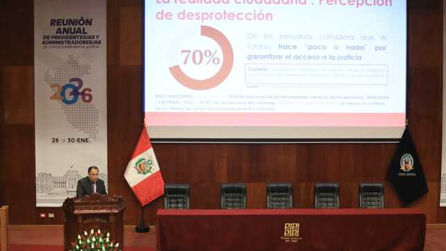 El ministro de Justicia y Derechos Humanos, Walter Martínez Laura, participó en la Reunión Anual 2026 de presidentas y presidentes de las 35 Cortes Superiores del país, realizada en Lima, donde presentó una visión estratégica sobre el futuro de la justicia en el Perú, con énfasis en el enfoque territorial y el fortalecimiento del acceso a la justicia para la ciudadanía, especialmente para las personas en condición de vulnerabilidad.
 
Durante su exposición titulada “Futuro de la justicia en el Perú: una mirada desde el territorio”, el titular del MINJUSDH remarcó que el acceso a la justicia constituye uno de los pilares fundamentales del Estado de derecho. “Aquí no hablamos solo de normas o de instituciones; hablamos de personas, de ciudadanos que buscan protección y reparación, y que ello genere confianza en el Estado”, señaló.
 
En ese sentido, explicó que la política del sector Justicia está orientada a identificar brechas y definir el rumbo del país en esta materia.
 
“El Ministerio de Justicia y Derechos Humanos tiene un mandato claro: garantizar el acceso a la justicia con énfasis en las personas en condición de vulnerabilidad”, subrayó. También agregó que “acceder a la justicia no debe ser un privilegio, sino un derecho efectivo, sin discriminación, con mecanismos oportunos, accesibles y culturalmente pertinentes”.
 
Asimismo, recordó que, conforme a la doctrina internacional, el acceso a la justicia es la puerta de entrada para el ejercicio de todos los derechos humanos, por lo que, aunque no esté expresamente positivizado en la Constitución, debe ser entendido como un derecho fundamental.
 
De igual manera, el ministro Walter Martínez Laura, destacó los resultados concretos de la Defensa Pública. Informó que, entre los años 2023 y 2025, este servicio permitió a los peruanos ahorrar más de 600 millones de soles en gastos de defensa legal, monto que los usuarios habrían asumido de manera particular. A ello se suma que, en el mismo periodo de tiempo, se lograron obtener más de 150 millones de soles a favor de los usuarios en pensiones de alimentos y reparaciones civiles.
 
Finalmente, reafirmó el compromiso del sector de impulsar una justicia más cercana y confiable. “Nuestro compromiso es claro: transitar de un sistema de desconfianza a uno de garantía equitativa, con una justicia centrada en las necesidades jurídicas de los peruanos, en especial de la población vulnerable”, sostuvo.
 
En esa línea, concluyó que “el acceso a la justicia no solo es una política pública, es una expresión concreta del respeto a la dignidad humana”, y que el Estado tiene “la responsabilidad histórica de garantizar que nadie quede fuera del sistema de justicia, siempre en beneficio de nuestra población”.