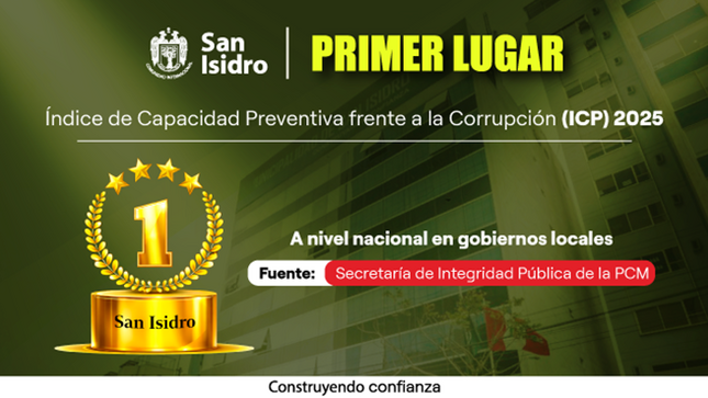 San Isidro lidera el ranking de integridad y prevención de la corrupción 2025 a nivel de gobiernos locales