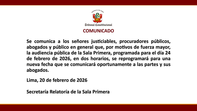 Comunicado de reprogramación de audiencia de la Sala Primera