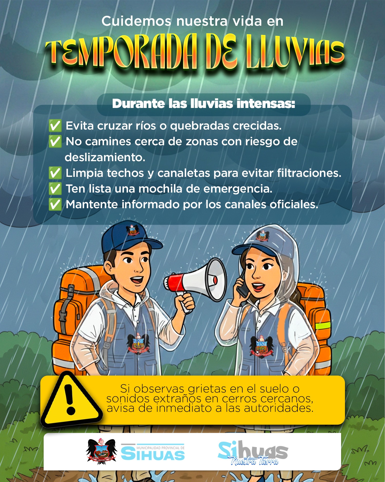 Las fuertes precipitaciones pueden generar derrumbes, vías resbaladizas y crecidas de ríos o quebradas. Es importante actuar con responsabilidad y tomar medidas preventivas.
¡Juntos prevenimos, juntos protegemos!
