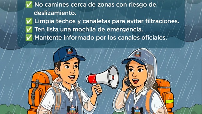 Las fuertes precipitaciones pueden generar derrumbes, vías resbaladizas y crecidas de ríos o quebradas. Es importante actuar con responsabilidad y tomar medidas preventivas.

¡Juntos prevenimos, juntos protegemos!
