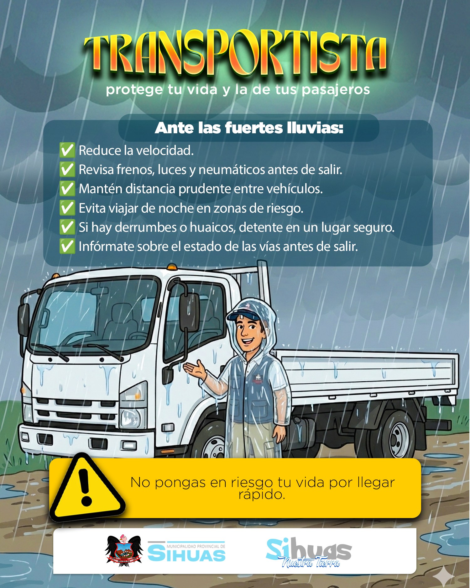 Las fuertes precipitaciones pueden generar derrumbes, vías resbaladizas y crecidas de ríos o quebradas. Es importante actuar con responsabilidad y tomar medidas preventivas.
¡Juntos prevenimos, juntos protegemos!