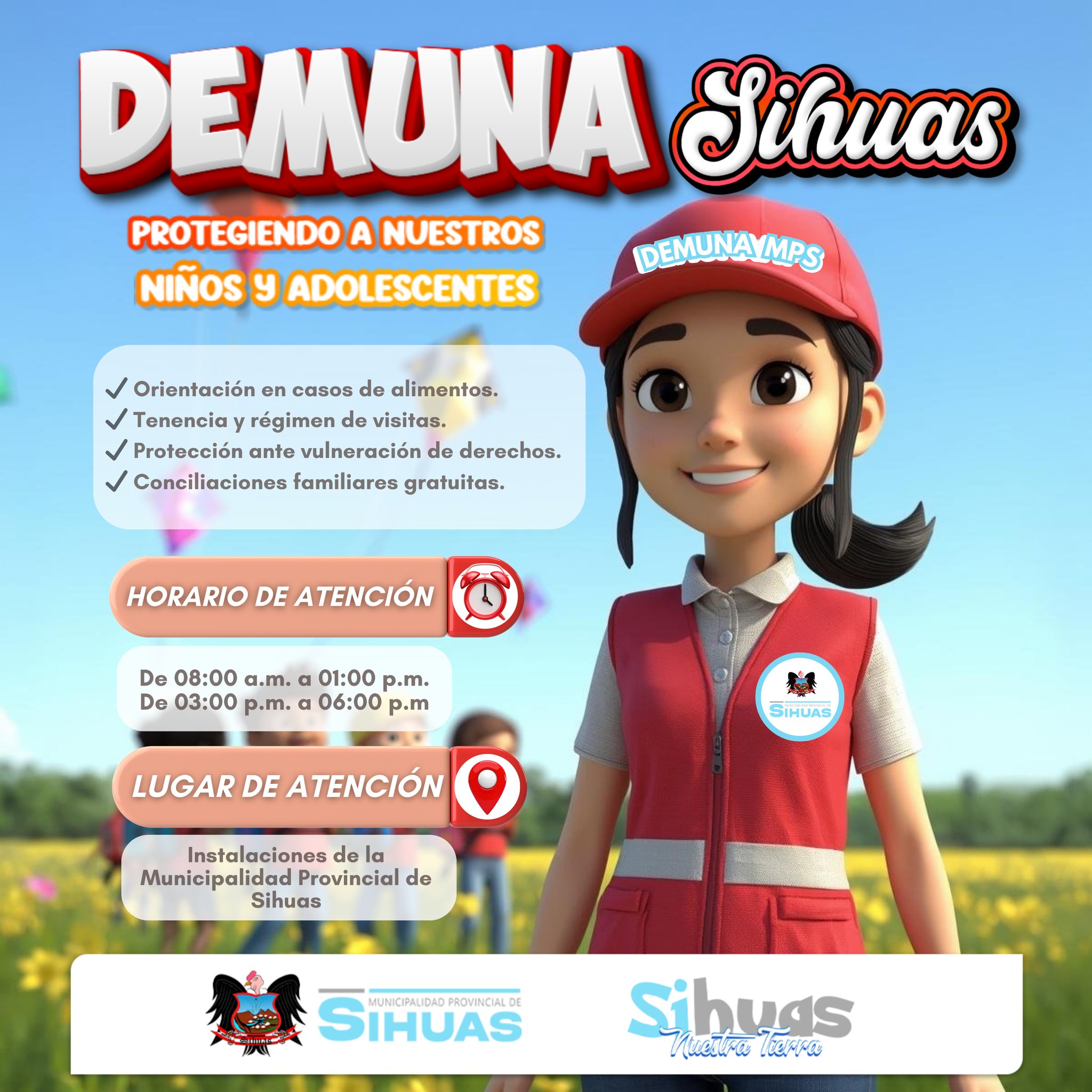 La Defensoría Municipal del Niño, Niña y Adolescente (DEMUNA) ofrece orientación y acompañamiento gratuito para la protección de la infancia y adolescencia.
Ofrecemos orientación en pensión de alimentos, tenencia, régimen de visitas y acompañamiento ante situaciones que afecten su bienestar.
Nuestro compromiso es velar por una niñez protegida y fortalecer a las familias de nuestra provincia.
Si necesitas orientación, acércate. ¡Estamos para ayudarte!